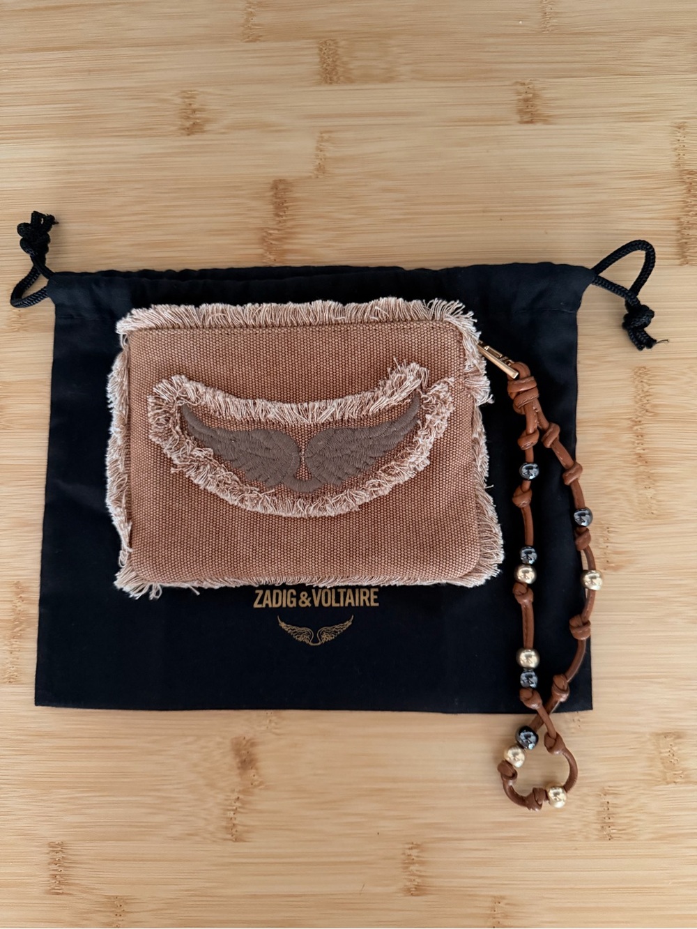 Zadig & Voltaire Brown Fringed Canvas Pouch with Beaded Strap